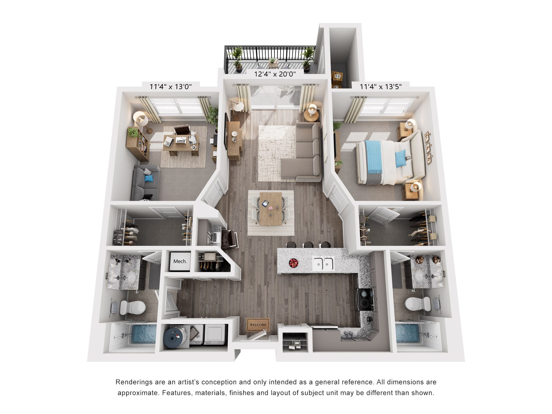 Floor plan for 2 beds, 2 baths, 1020 sqft